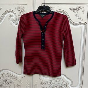 Women's Lauren red and navy blue striped shirt - V neck with lace up front, 3/4